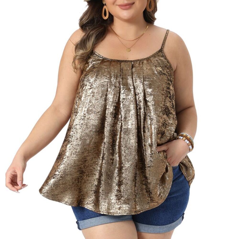 Women Plus Size Sequin Sparkly Cami Party Blouse Tank Top Gold